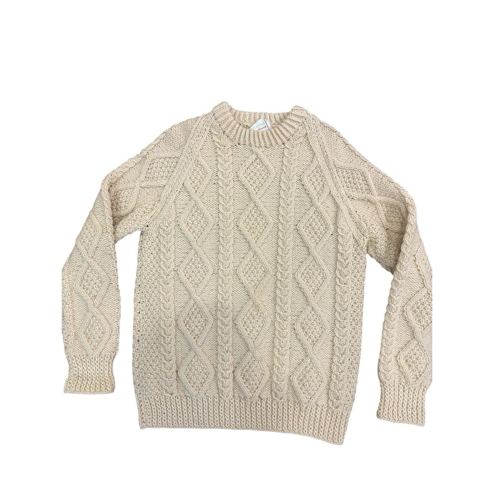 Vtg Irish Cable Knit Wool Sweater‎ Pullover Sz M Ivory Aran Fisherman Preppy